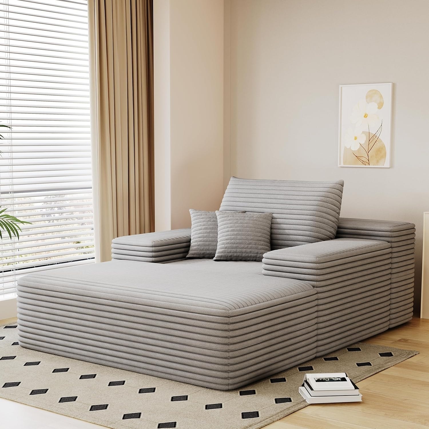 68-inch Oversized Chaise Lounge Sofa Bed with Throw Pillows, Memory Foam, No Assembly - Grey