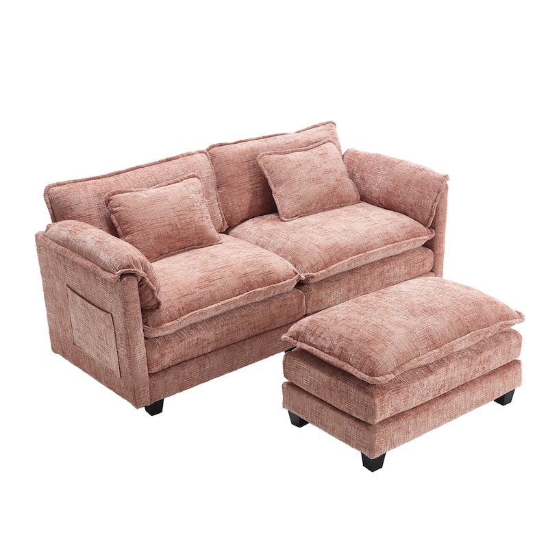 Chenille Fabric Loveseat Sofa Couch with 2 Ottomans and Side Pockets