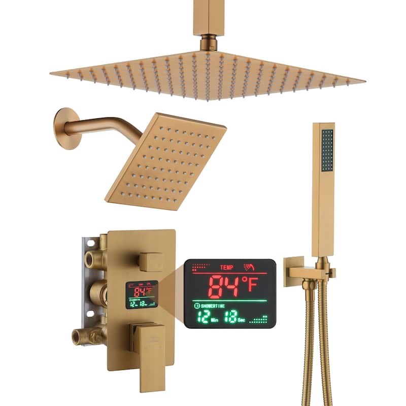 CASAINC Dual Heads 12 Inch Ceiling Mounted Square Shower Head Shower System with Handheld Shower Digital Display Shower - Brushed Gold