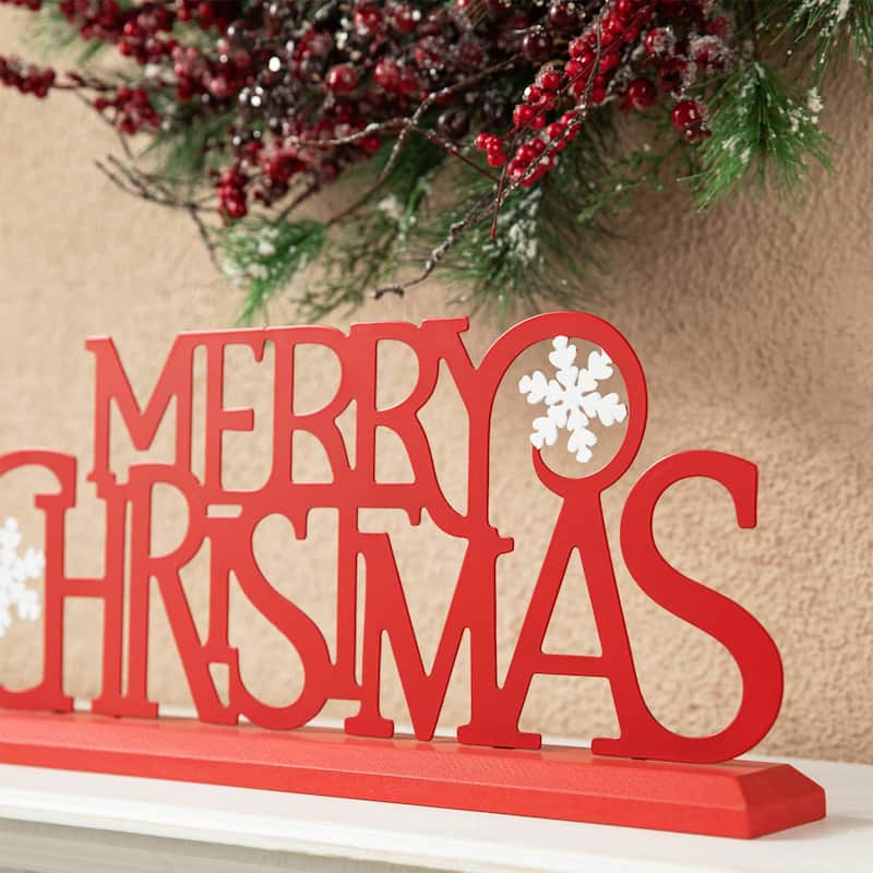 Glitzhome 18"L Wood Metal MERRY CHRISTMAS Word Sign Table Decor
