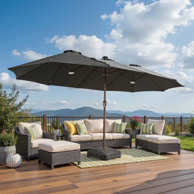 OVIOS 15 ft Double Side Patio Outdoor Umbrella Extra Large with Crank & Light - Deep Grey