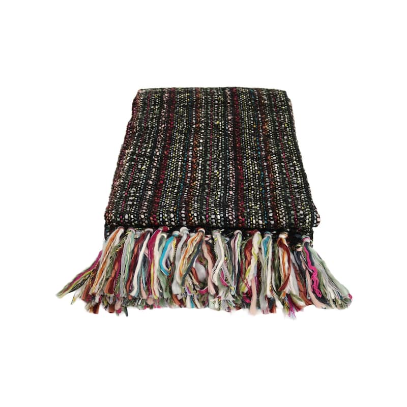 Handcrafted 100% Wool Throw Blanket - 60" x 48" IN - Black/Multicolor