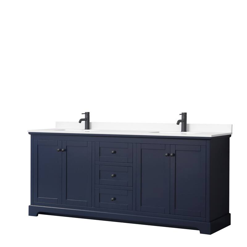 Avery 80 Inch Double Vanity, Cultured Marble Top - Dark Blue, Black Trim, White Cultured Marble Top