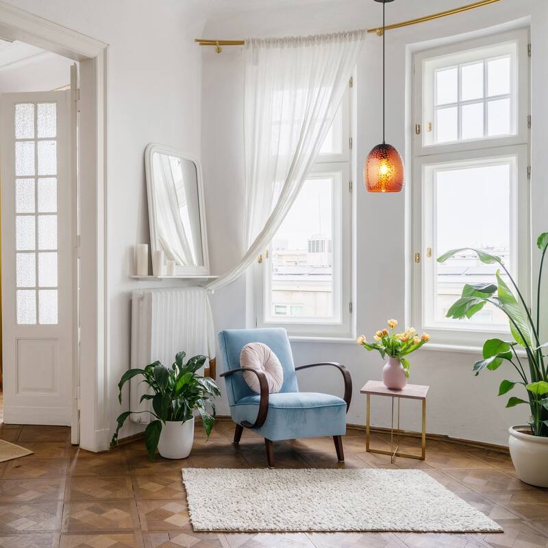 Charlene River of Goods Black Metal and Hand-Blown Glass 8-Inch Pendant Light with Adjustable Hanging Cord - 8" x 8" x 64"