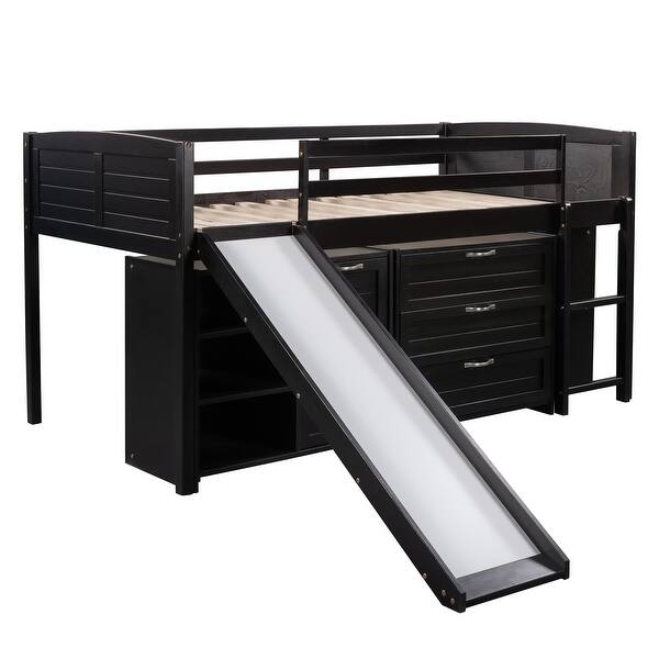 slide 2 of 20, Twin Size Wood Loft Bed with Storage Drawers And Shelves,Full-Length Guardrail and Slide Espresso