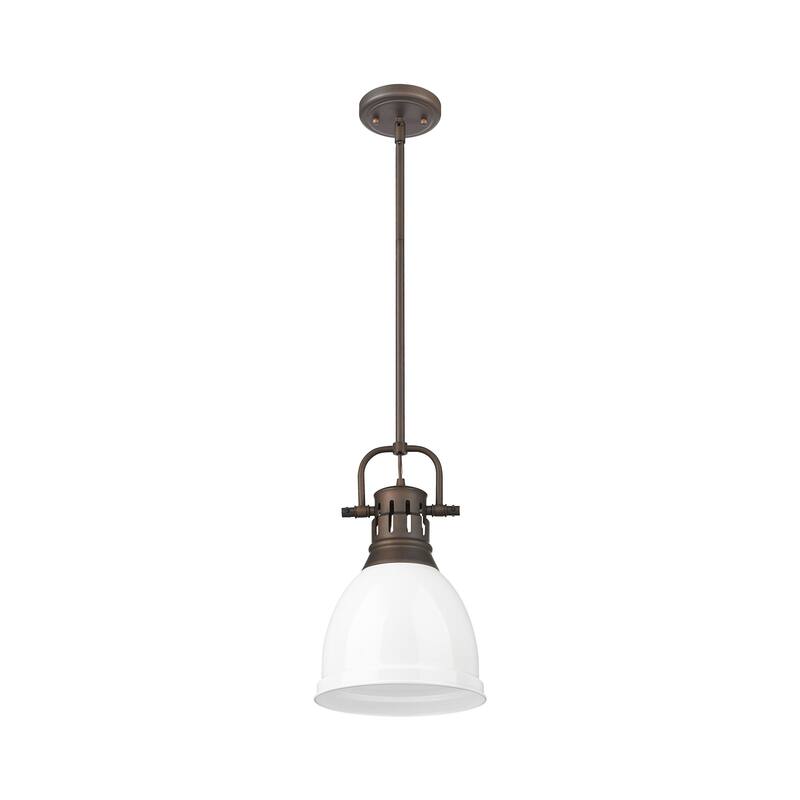 Yep by Golden Lighting Duncan 1-light 9in Rod Hung Pendant in Rubbed Bronze and White shade