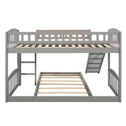 Simple Casual Style Gray Twin Over Twin Floor Bunk Bed Wood Loft Bed with Slide and Ladder