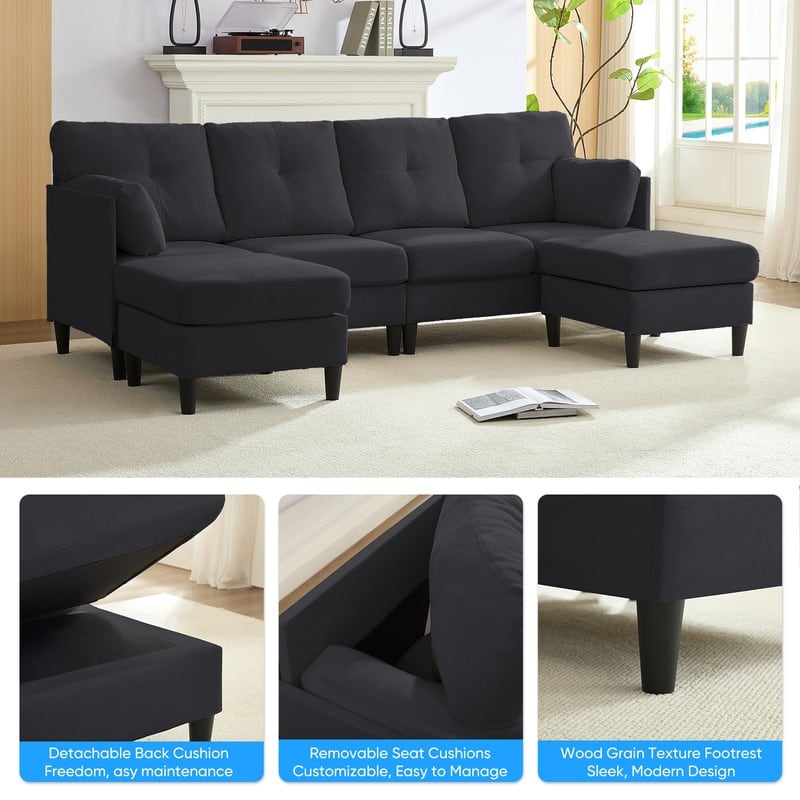 Mixoy W87"U-Shaped Sectional Couches,Velvet 4-Seater Convertible Sofa With Movable Storage Ottomans