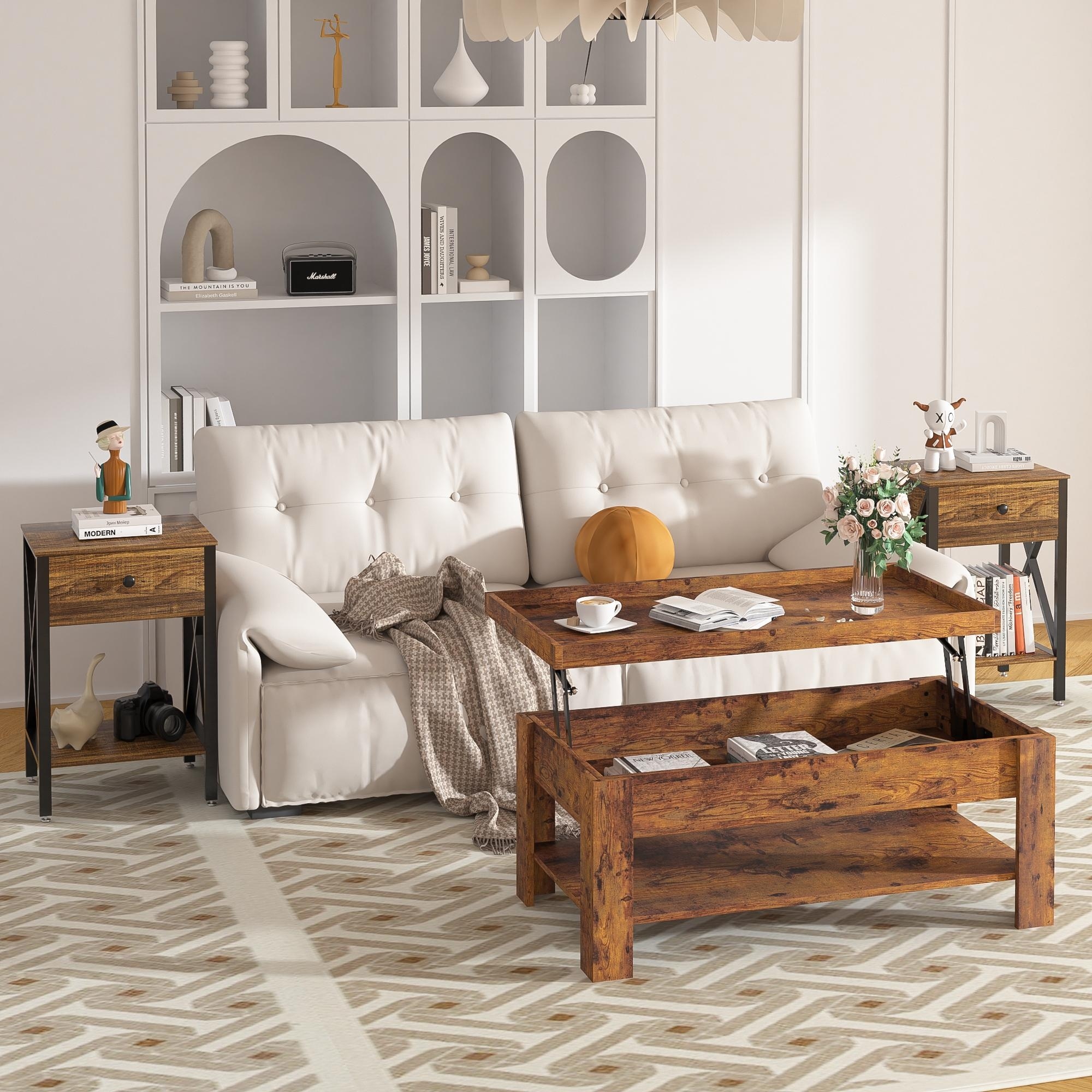 VECELO 3-piece Coffee Table Set Lift Top Coffee Table with Hidden Storage and Shelves and Nightstands Set of 2