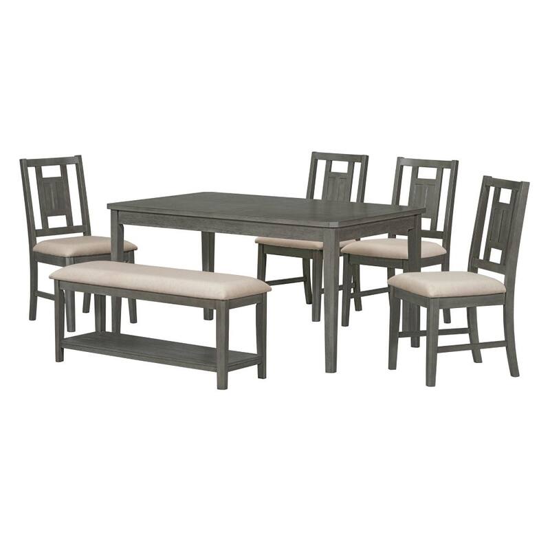 Minimalist 6-piece Dining Set Dining Table and 4 Upholstered Chairs & 1 Bench with a Shelf for Dining Room