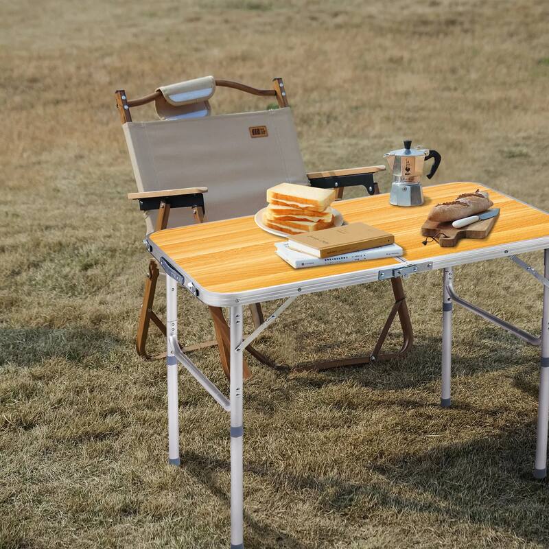 Portable Folding Table with Aluminum Frame and Wood Grain Top