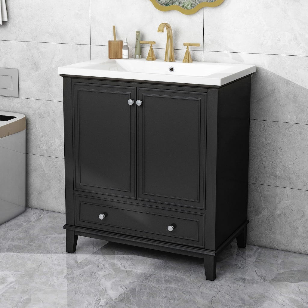 30" Bathroom Vanity W/Sink Combo, Multifunctional Bathroom Ceramic Sink Cabinet With Doors And Drawer, Removable Panel