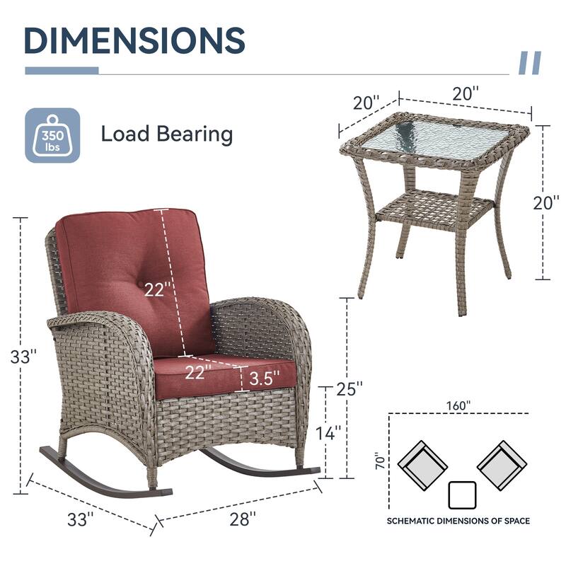 Gymojoy Patio Furniture Set PE Wicker Rocking Chairs & Side Table