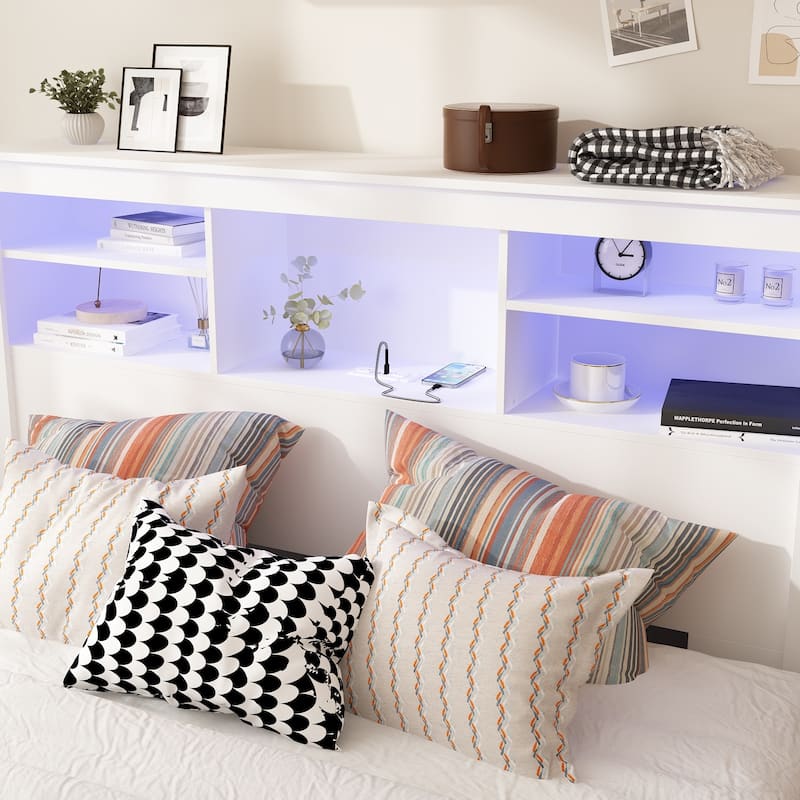 65"W Timechee Wooden Bookcase Headboard With Light