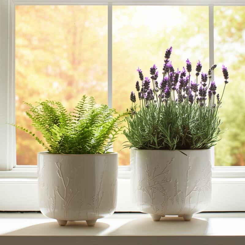 Stoneware Ceramic Planter Raised Botanical Relief Design Tripod Base - 11" x 11" x 9"