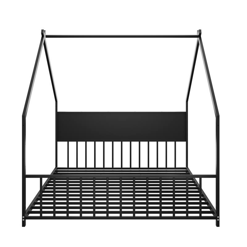 House Bed with Roof and Colorful Lights, House-shaped Frame Floor Bed with House Roof Frame, Metal Bed Frame with Slats and Legs