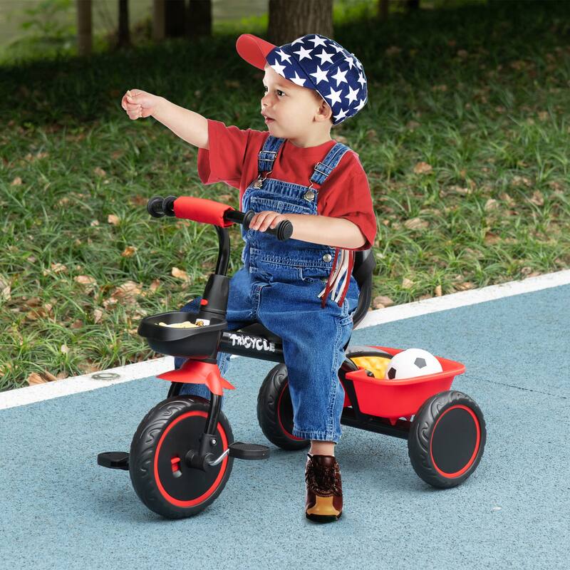 Adjustable Toddler Tricycle for Kids Ages 2-5 with Safety Features, Basket, and Puncture-Resistant Wheels