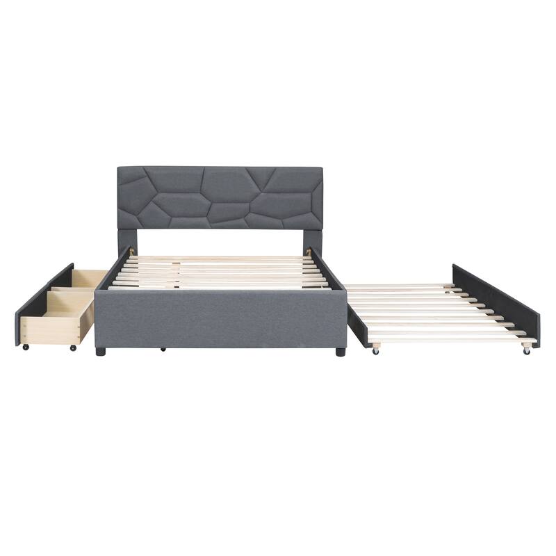 Full/Queen Size Upholstered Platform Bed with Stylish Brick Pattern Headboard, Trundle & 2 Drawers, Linen Fabric Comfort