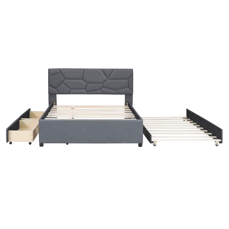 Upholstered Platform Bed with Brick Pattern Headboard, with Trundle and 2 Drawers, Linen Fabric