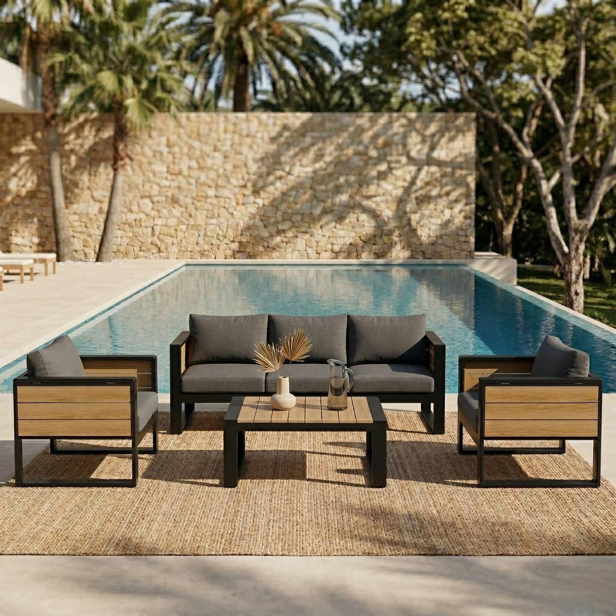 Christopher Knight Home - 4 Piece Conversation Set Aluminum Sofa with Fold-Out Side Tables, Cushioned Seating & Coffee Table