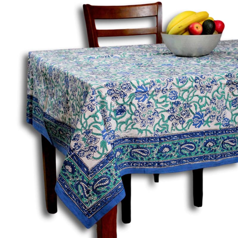Block Print Cotton Verdant Floral Paisley Tablecloth Collection