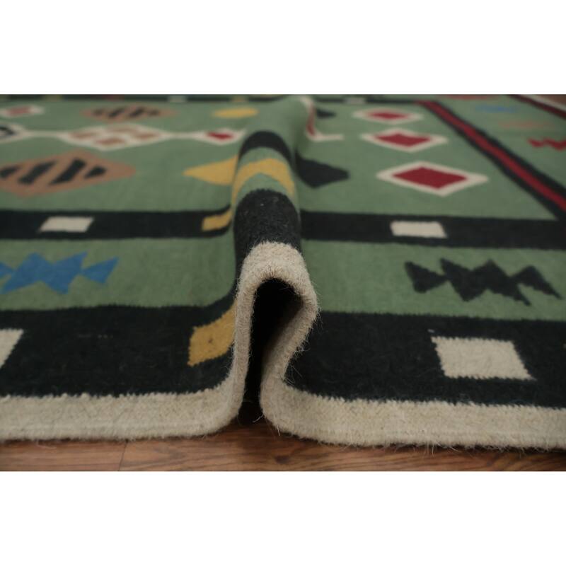 Hand Woven Oriental 100% Wool Carpet Southwestern Tribal Green Kilim Area Rug - 9' 8'' X 5' 1''