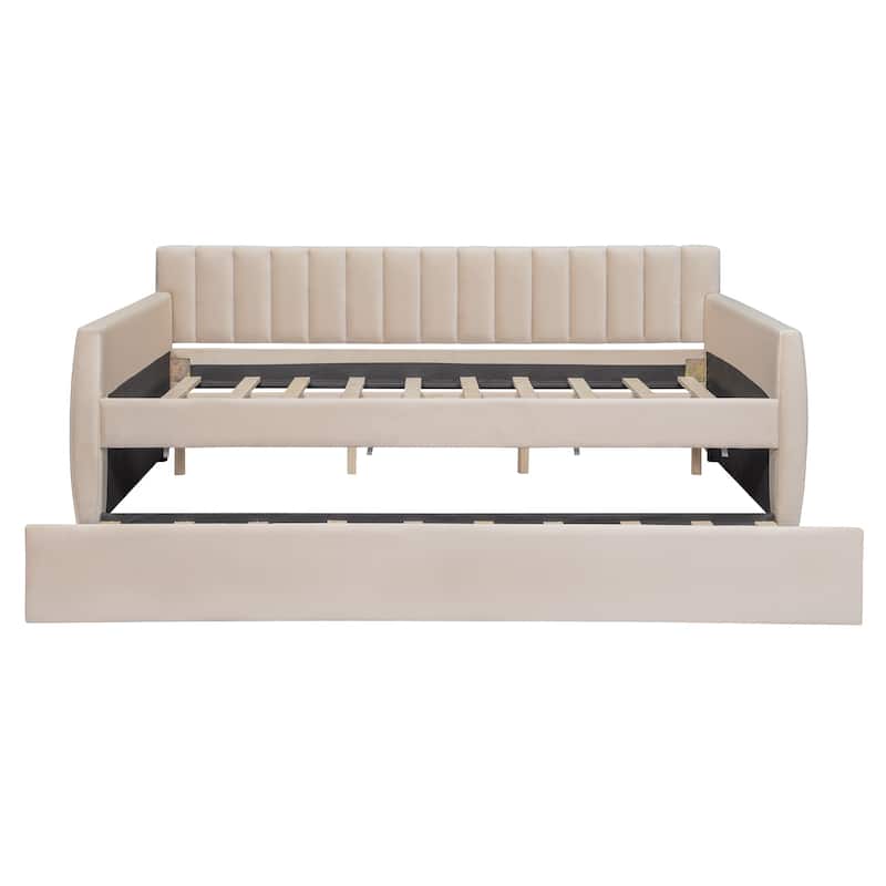 Full Size Upholstered daybed with Trundle and Wood Slat Support