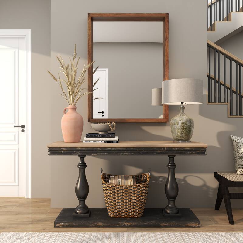 Brown Mango Wood Minimalistic Wall Mirror with Natural Wood Grain and Deep Set Frame