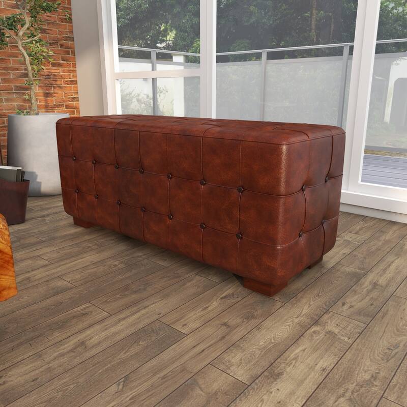 Brown Leather Tufted Upholstered Home Bench with Block Feet
