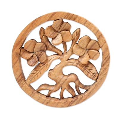 Novica Handmade Little Frangipani Wood Relief Panel