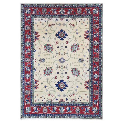 Shahbanu Rugs Cream Color, Hand Knotted Kazak with All Over Leaf and Vines Pattern, Pure Wool Oriental Rug (9'10" x 14'0")