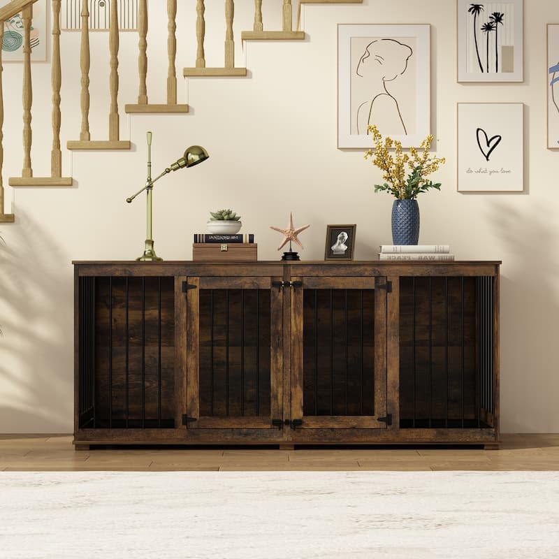 Dog Crate Furniture Indoor - Wooden Dog Kennel with Room Divider,Trays - bronzed wood