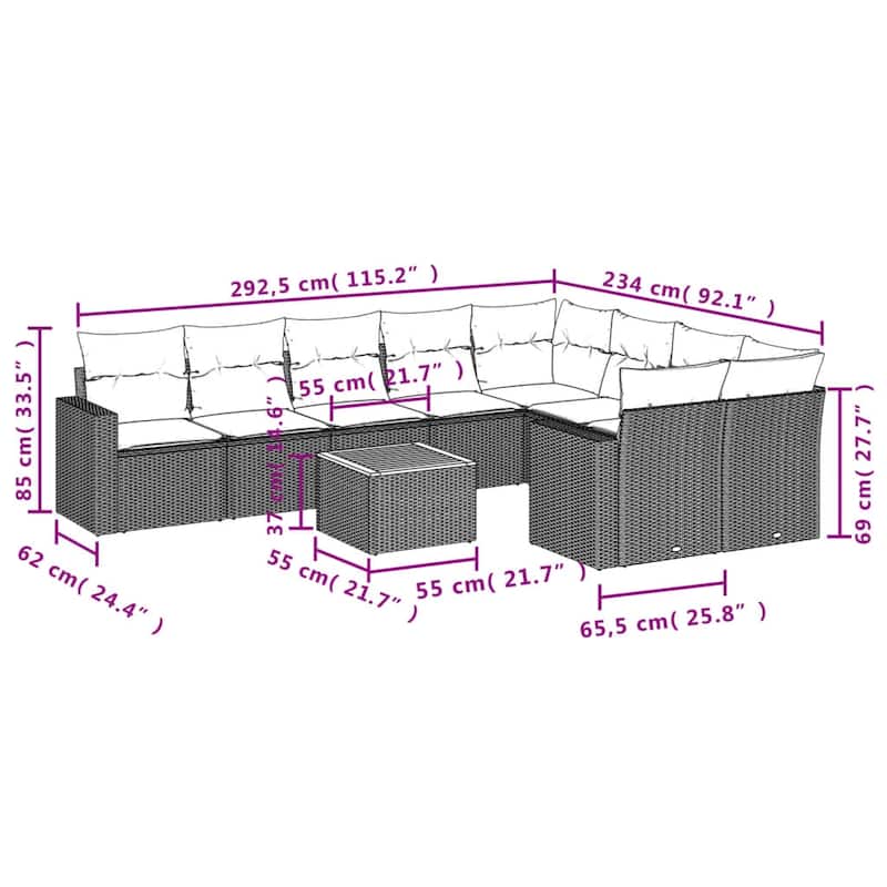vidaXL 10 Piece Patio Sofa Set with Cushions Black Poly Rattan - 24.4" x 24.4" x 27.2"