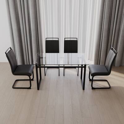 5-Piece Modern Glass Dining Table Set with 4 PU Upholstered Chairs