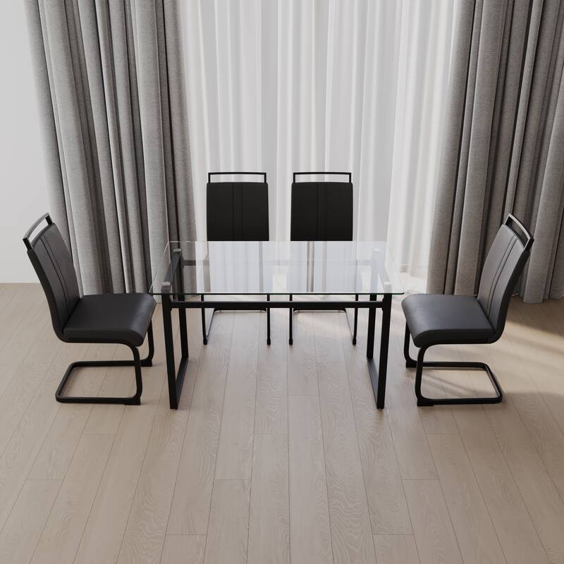 Glass 5-Piece Dining Table Set with 4 PU Upholstered Chairs