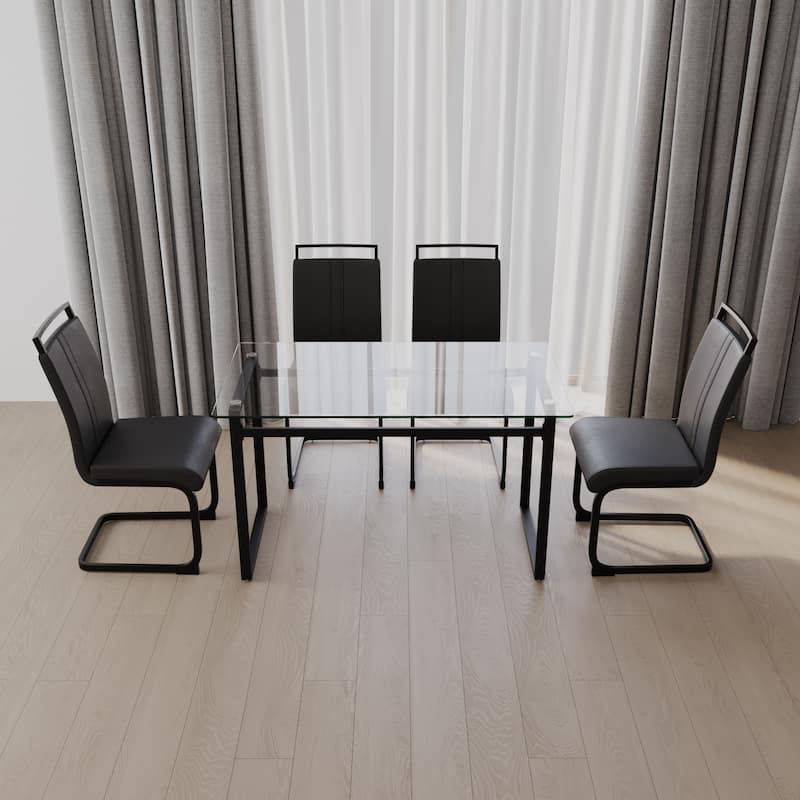 Modern 5-Piece Dining Set with Rectangular Glass Table & High Back Metal C-shaped Tube Chairs - Black