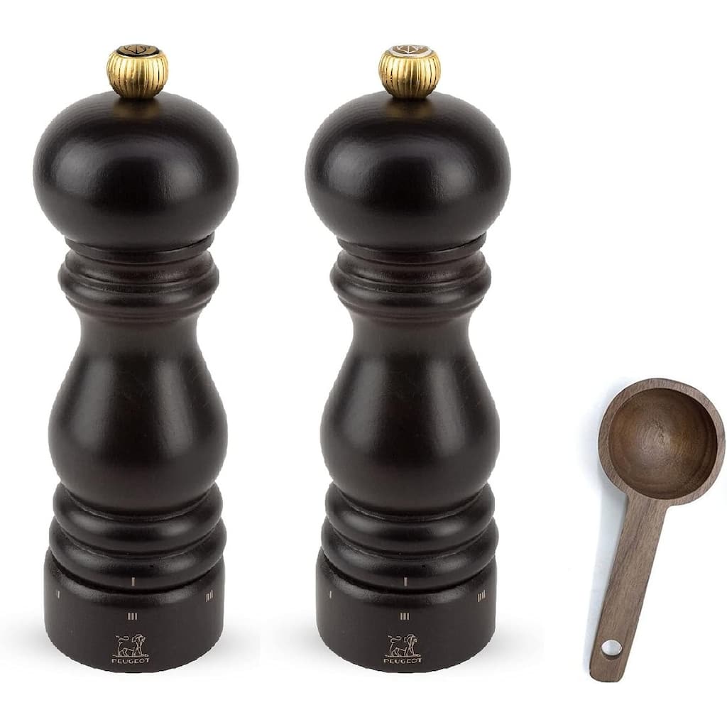 Peugeot Paris u'Select Salt & Pepper Mill Gift Set, Chocolate - With Wooden Spice Scoop (7 Inch)