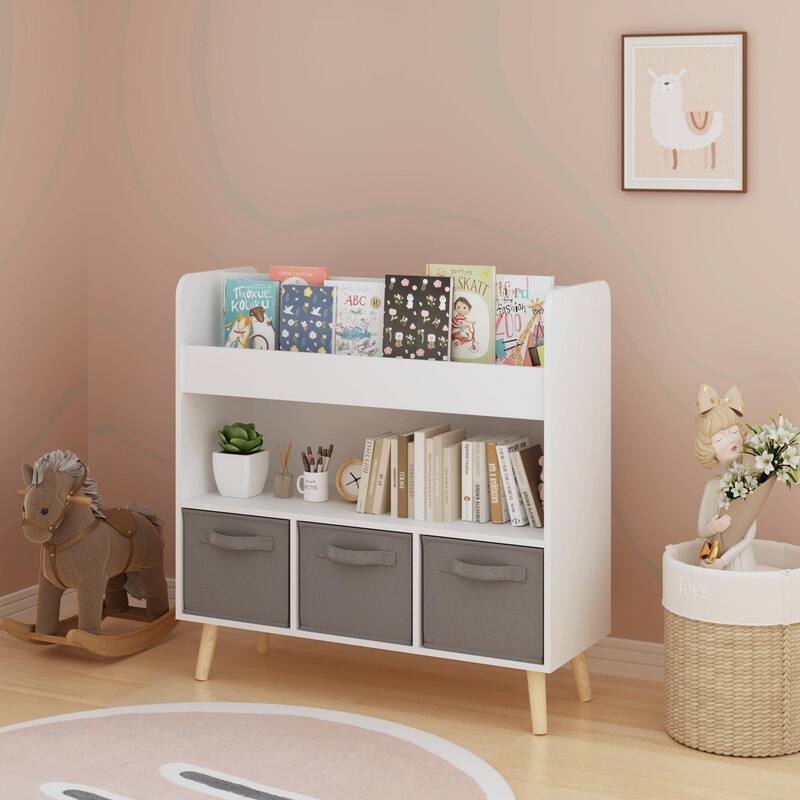 Kids Bookshelf with 3 Fabric Bins - Modern Toddler Bookcase and Toy Storage Organizer