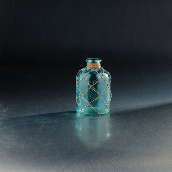 7" Translucent Blue Glass Bottle Vases with Rope Net - N/A