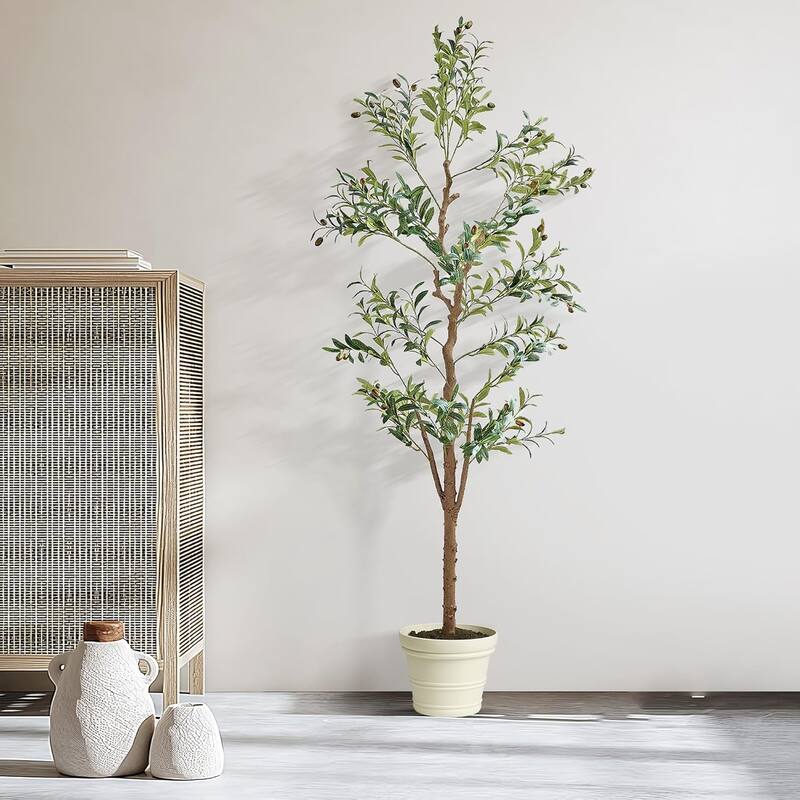 VECELO Set of 2 Artificial Olive Trees Lifelike Silk Leaves with Solid Wood Trunk 59 and 71-inch Tall for Home and Office Decor