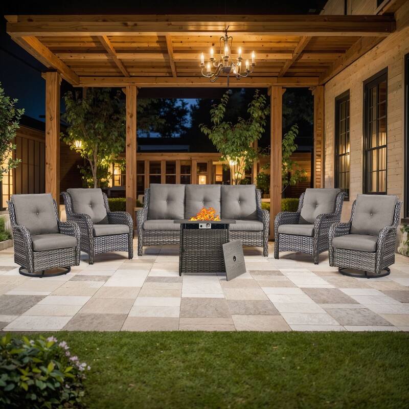 Gymojoy 6-Piece Wicker Patio Furniture Set with Rattan Chairs, Fire Pit & Sofa - Grey Wicker / Grey Cusion - 6-Piece