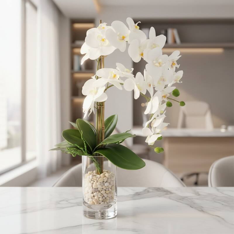 Orchids Arranged in Glass Vase with Rocks - 25