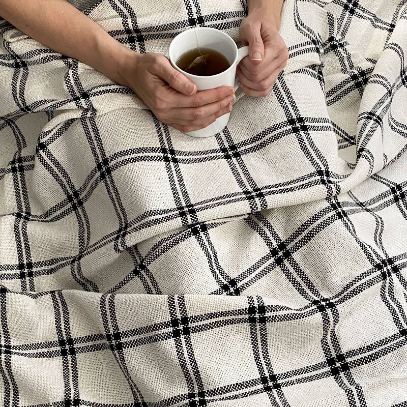 Farmhouse Living Double Windowpane Plaid Fringe Blanket Throw