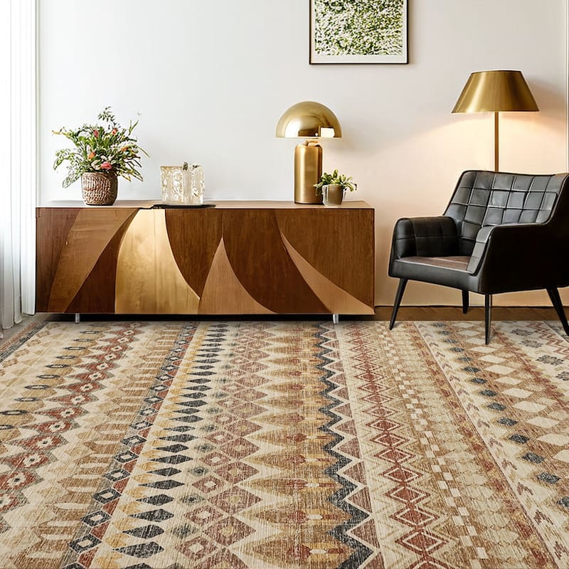 Garvee Boho Geo Low Pile Foldable Area Rug - 9' x 12' - Beige - Rectangle