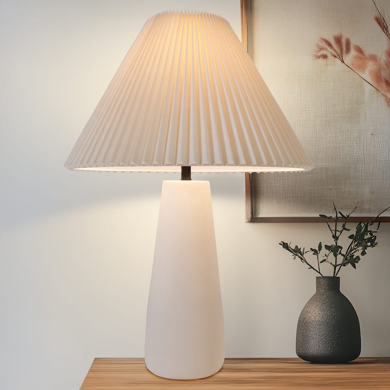Brightech Gwen 25 in Off-White Cream Mid-Century 9W 800Lm 3000K LED Contemporary Round Table Lamp With Cream Cotton Empire Shade