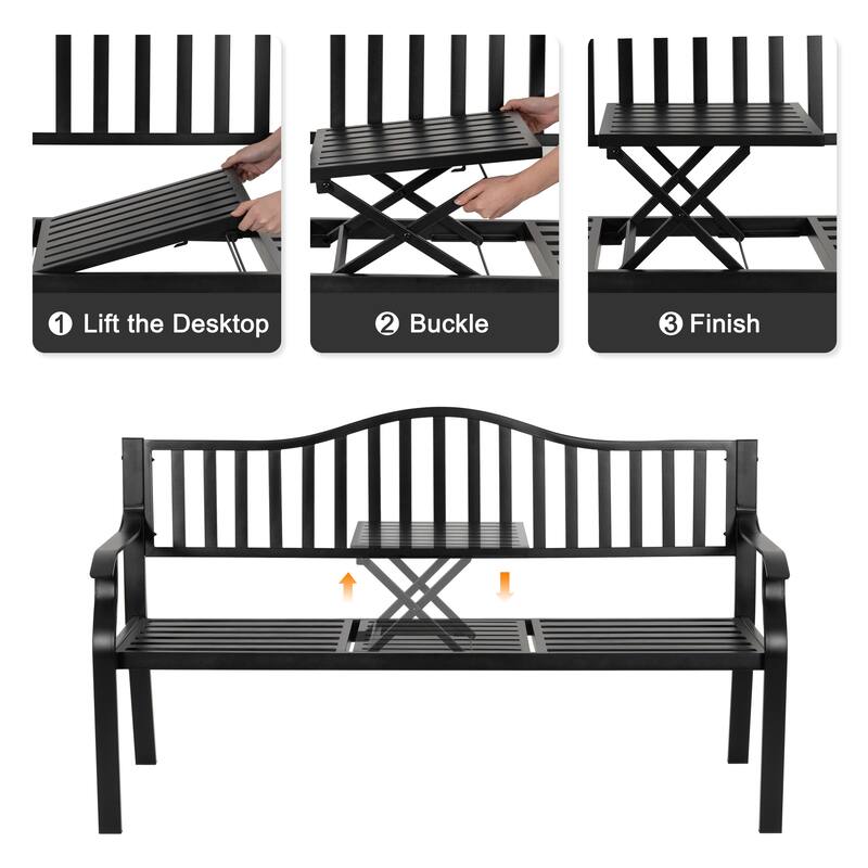 E-Coated Metal Frame Outdoor Bench with Backrest and a Built-In Small Table, Black