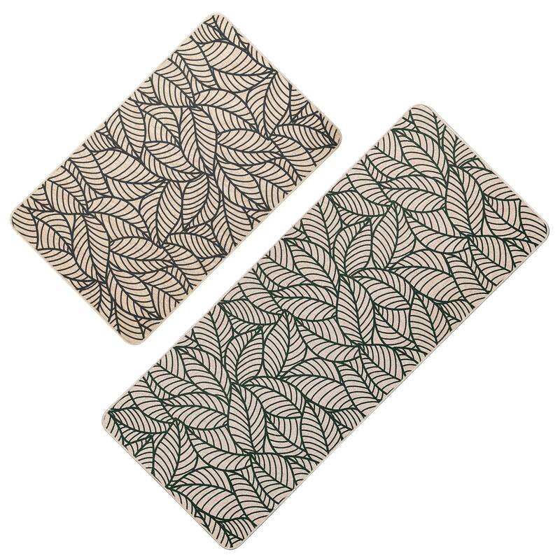 Jungle Printed Kitchen Mat Gray Leaves Design - Set of 2 - Beige
