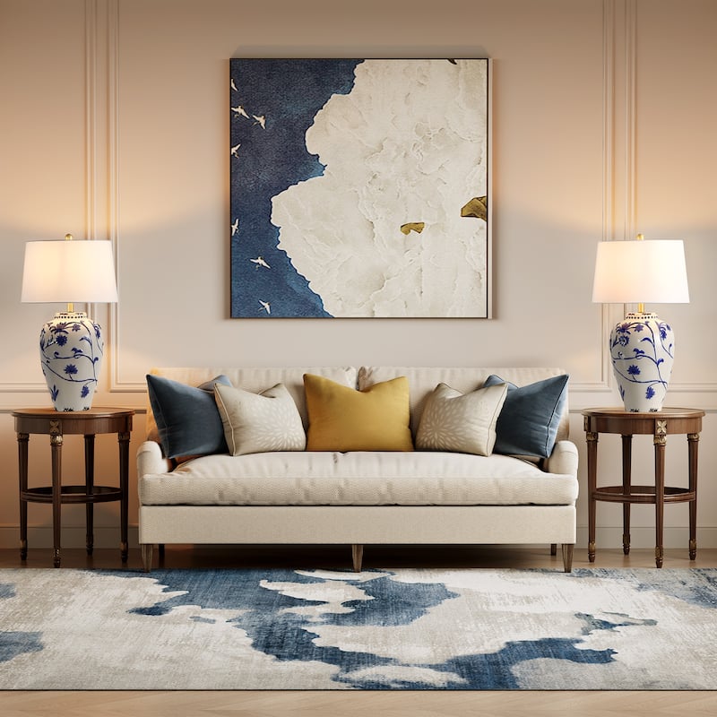 Blue and White Porcelain Table Lamp with Linen Shade - 13'' W × 13'' D × 26'' H