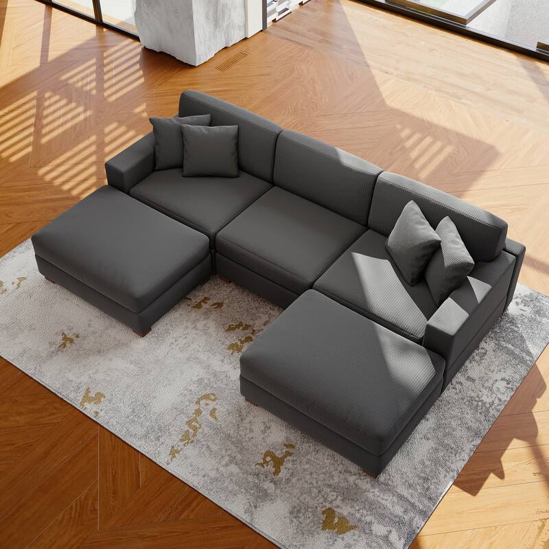 Modular Corduroy Sectional Sofa Set Chaise Couch with Ottoman