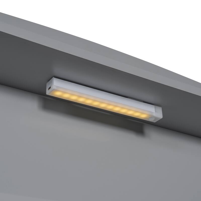 Full Size Gray Wooden Bed with LED Night Light, Trundle, and Under-Bed Storage Drawers